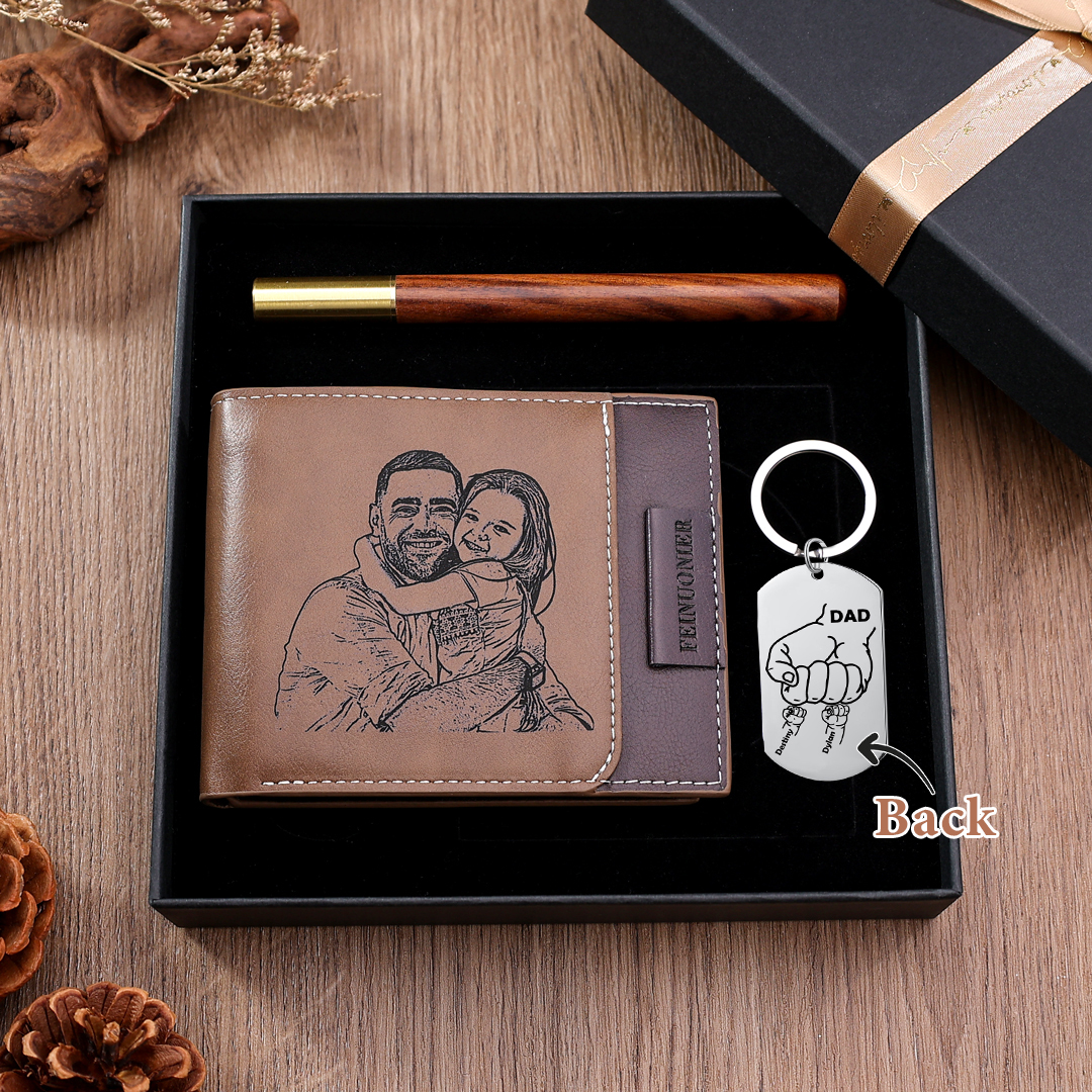 Personalised 5 Names & 1 Text & 2 Photos Fist Bump Gift Set Custom Wallet & Keychain & Pen Dad Gift Box Set Fathers Day Gift-Jessemade AU