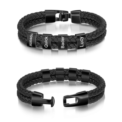 4 Names Personalised Braided Leather Bracelet Engraved Men's Bracelet for Him