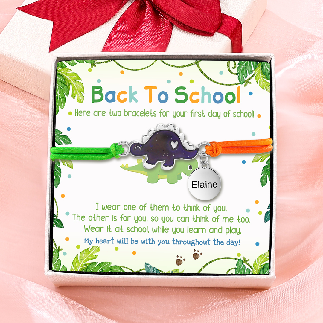 2 Pcs Bracelet Set Custom Names Dinosaur Charm Hair Ties Back To School Gift for Daughters - My Heart Will Be With You Throughout The Day