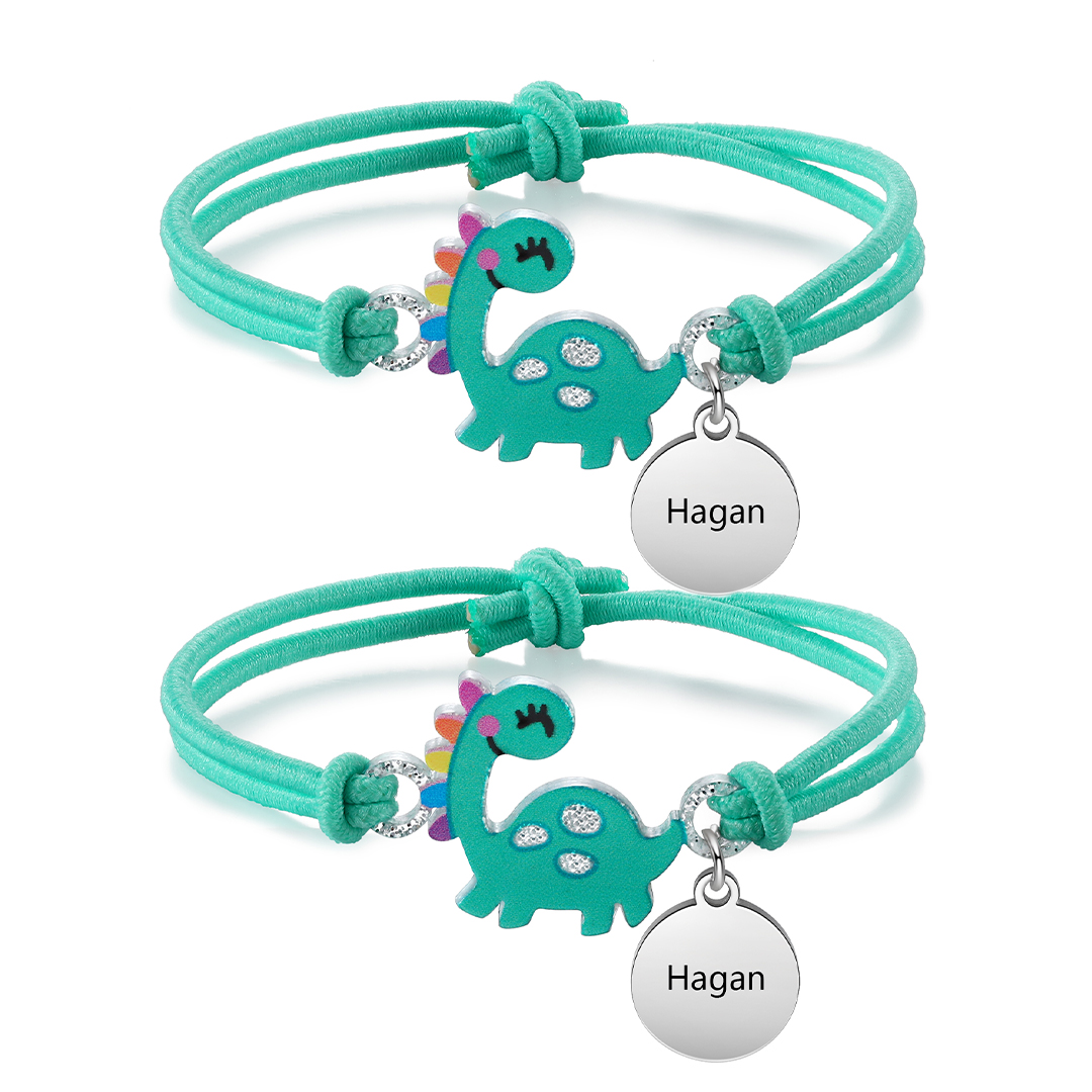 2 Pcs Bracelet Set Custom Names Green Dinosaur Charm Hair Ties Back To School Gift for Kids - My Heart Will Be With You Throughout The Day