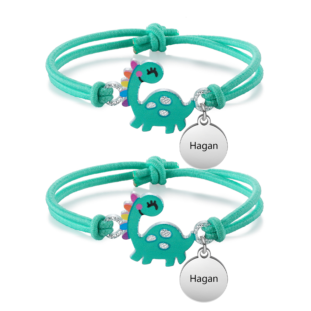2 Pcs Bracelet Set Custom Names Green Dinosaur Charm Hair Ties Back To School Gift for Kids - My Heart Will Be With You Throughout The Day-Jessemade AU