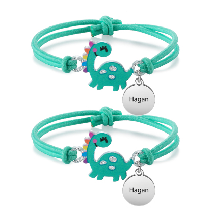 2 Pcs Bracelet Set Custom Names Green Dinosaur Charm Hair Ties Back To School Gift for Kids - My Heart Will Be With You Throughout The Day-Jessemade AU