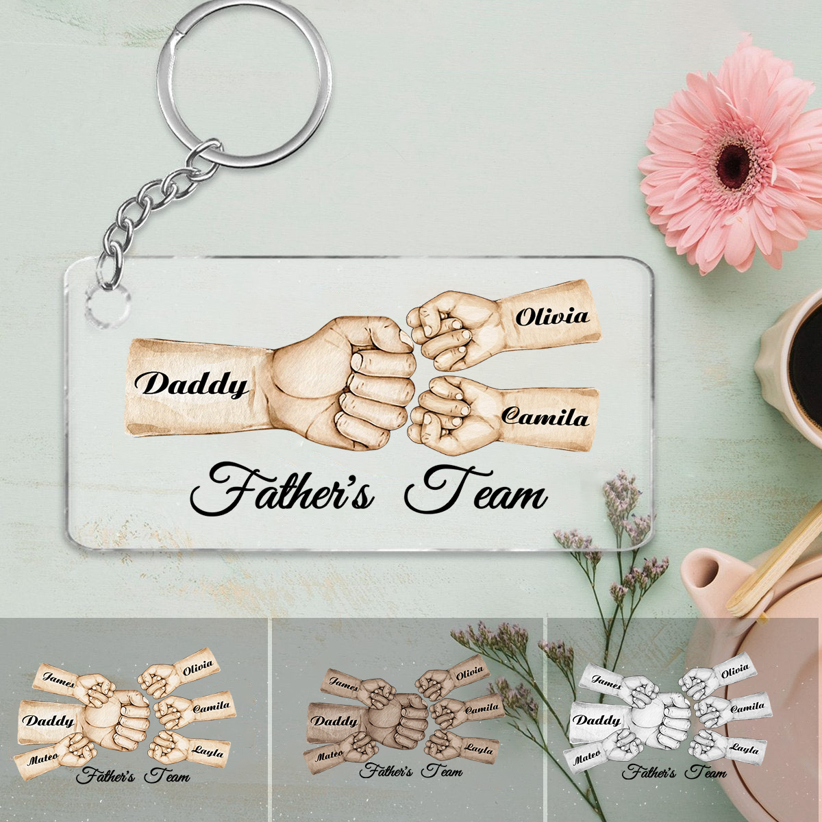 3 Names - Personalised Text & Name Acrylic Keychain Fist Bump Fathers Day Gifts for Dad/Grandpa
