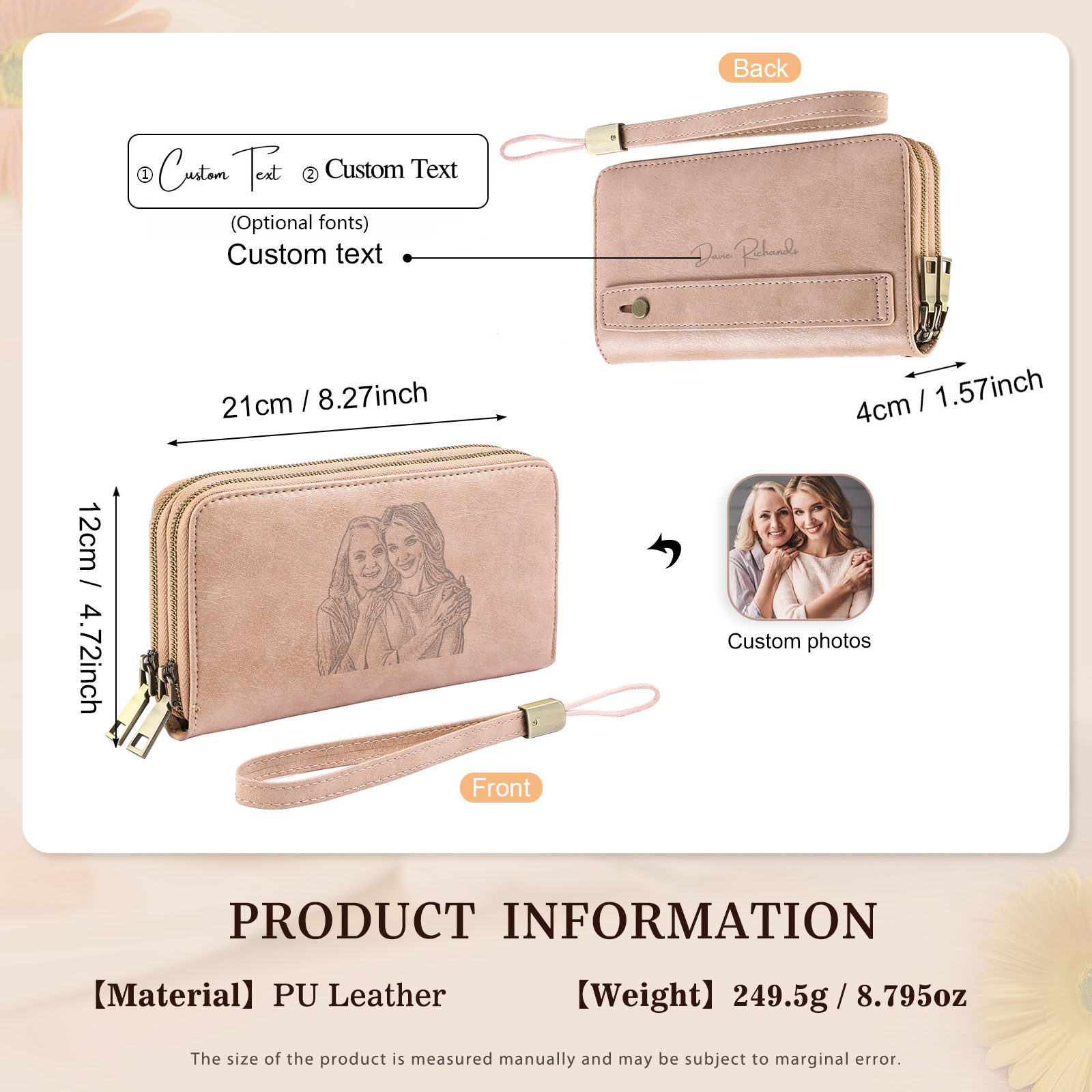 Personalised Women’s Wallet with Engraved Photo & Text – Large Capacity with Wrist Strap