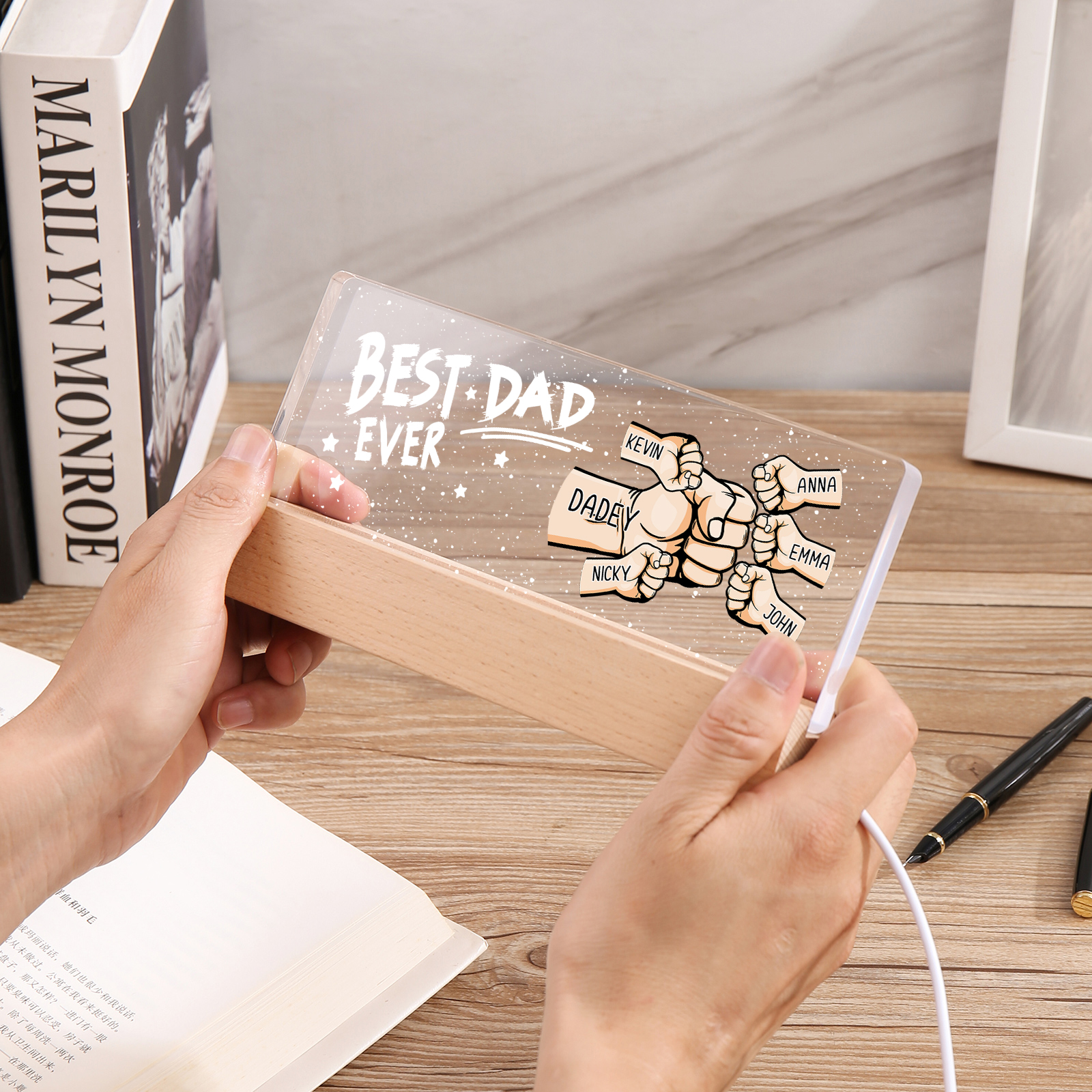Best Dad Ever - Personalised 6 Names Acrylic Night Light Custom Fist Bump LED Lamp Fathers Day Gifts-Jessemade AU