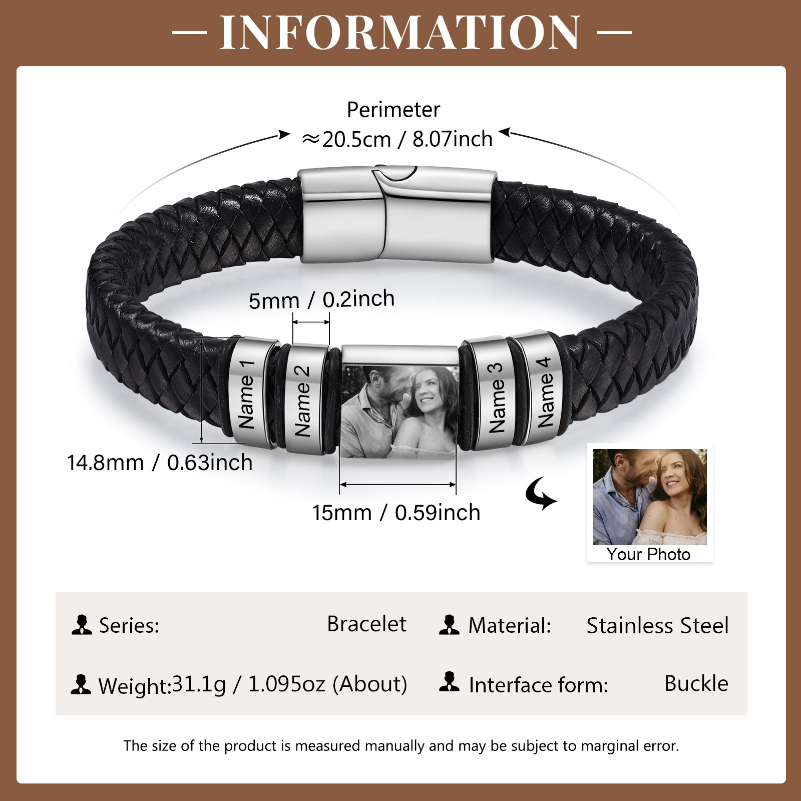 4 Names-Vintage Men's Bracelet Engraved Beads Leather Bracelet Gift for Father's Day