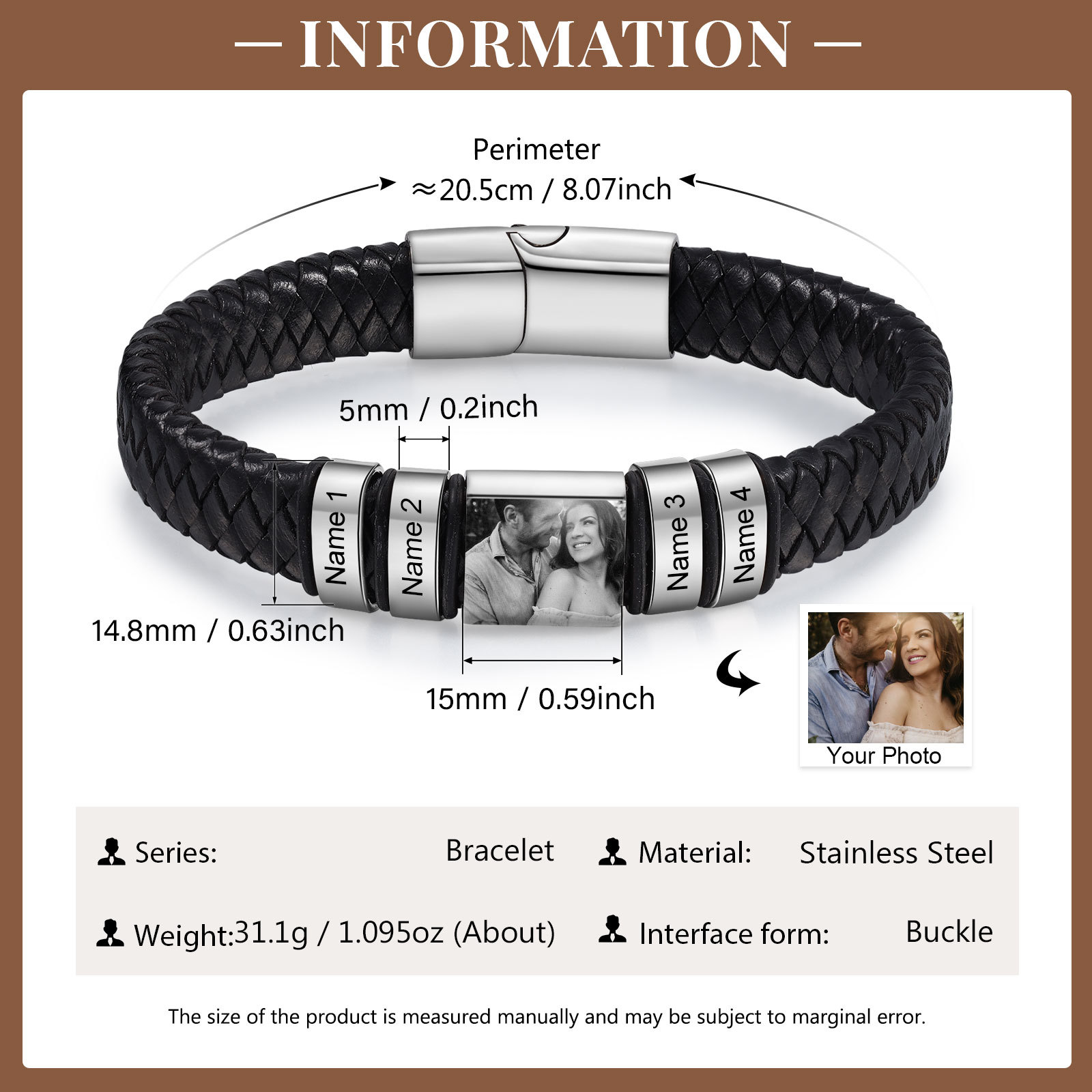 4 Names-Vintage Men's Bracelet Engraved Beads Leather Bracelet Gift for Father's Day