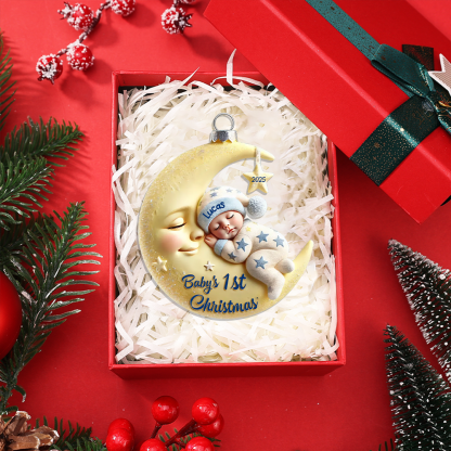 Acrylic Christmas Tree Decoration - Baby on the Moon - Baby's First Christmas (Printed design – not 3D)
