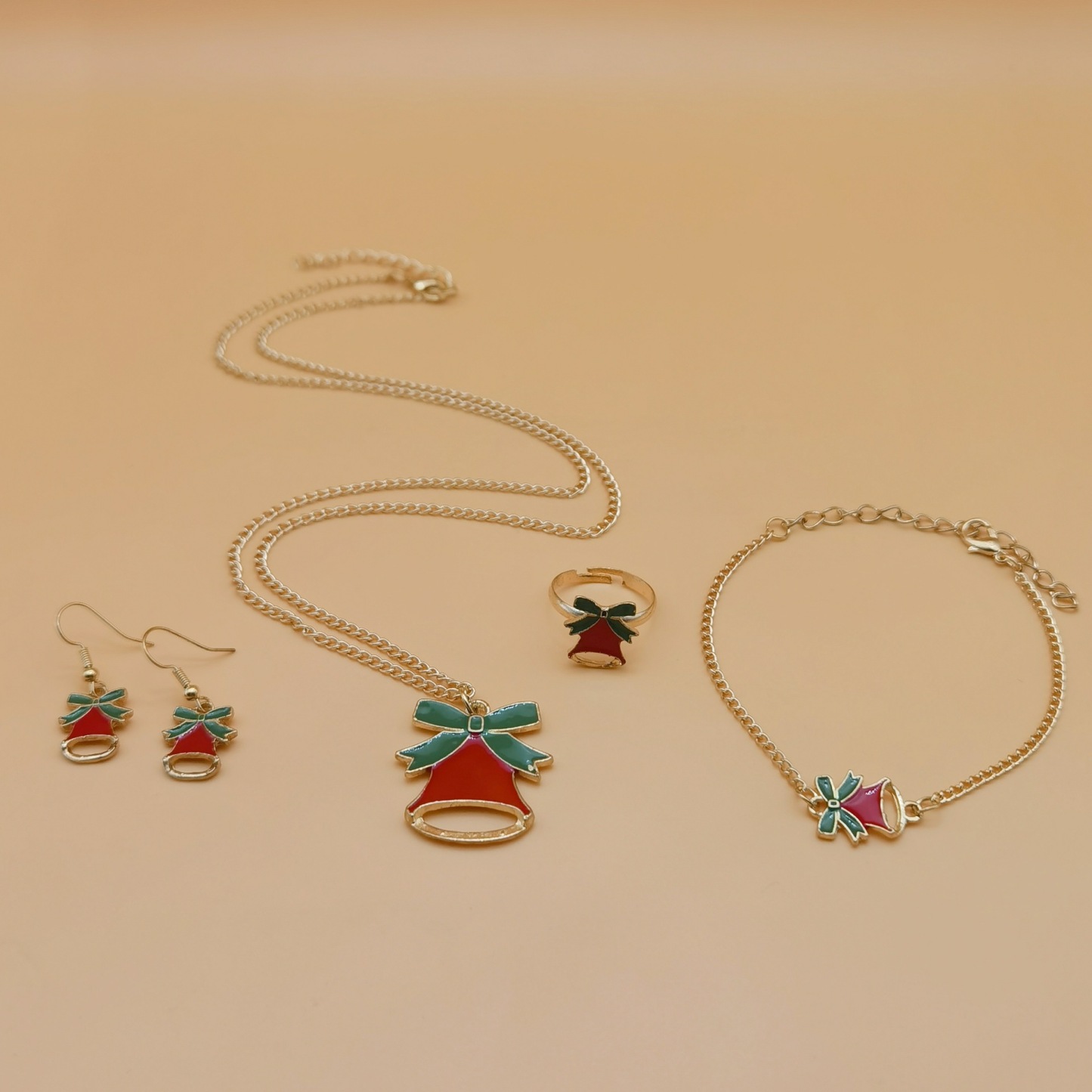 Christmas Bell Jewelry Set Necklace Bracelet Earrings and Ring-Jessemade AU