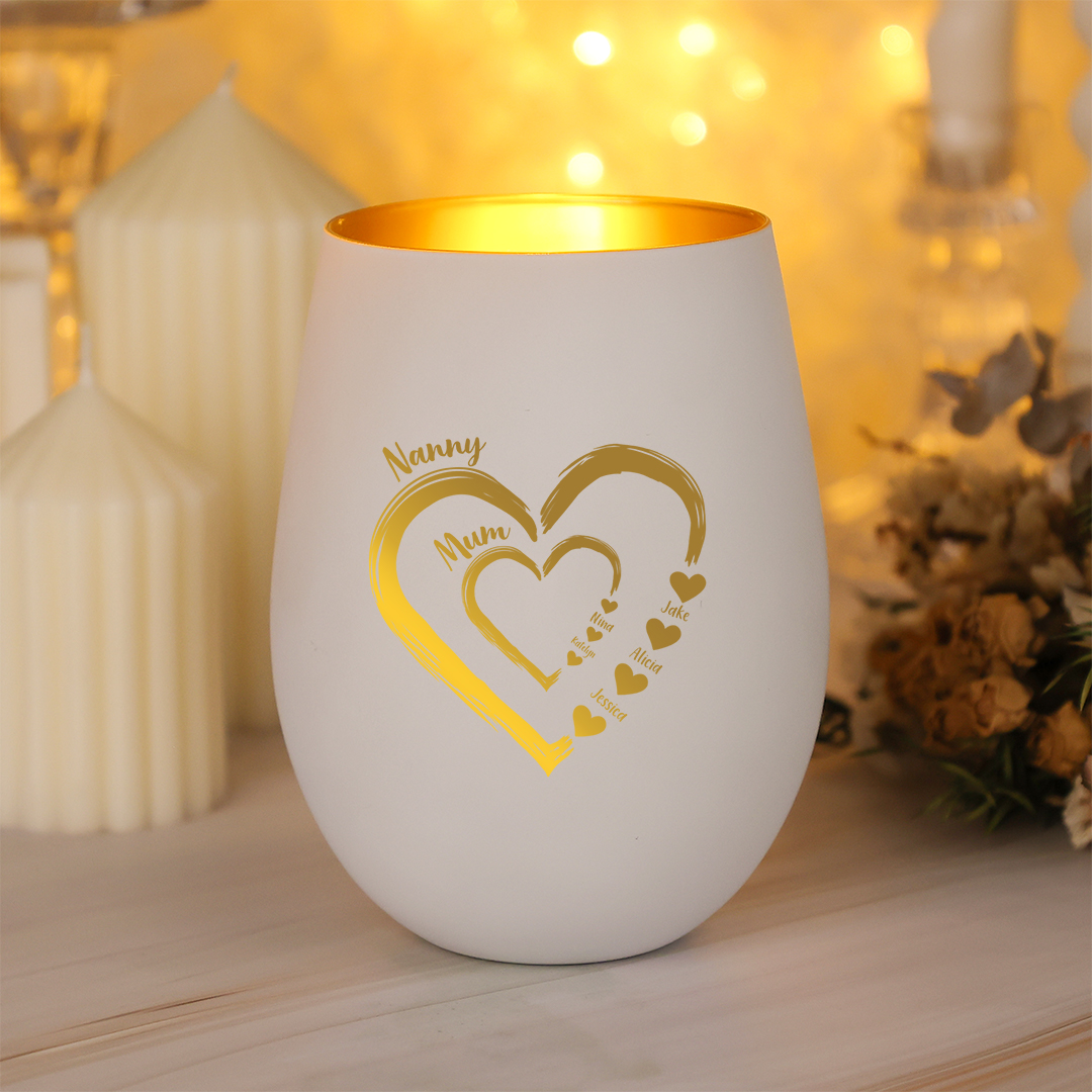 Personalised glass candle holder with 2–18 names, Mother’s Day and birthday gift for Grandma and Mum | Jessemade