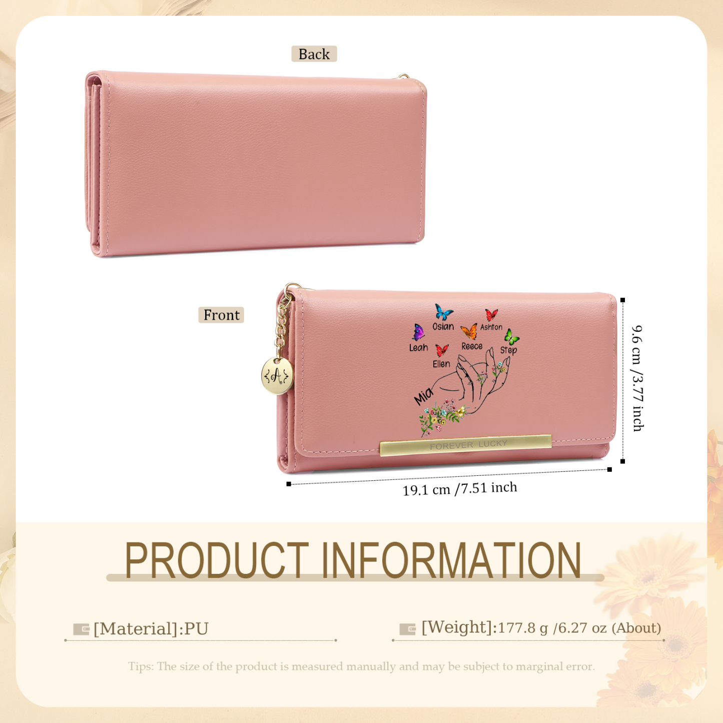 Personalised women’s wallet with floral and butterfly motif, designed with 2 to 8 first names