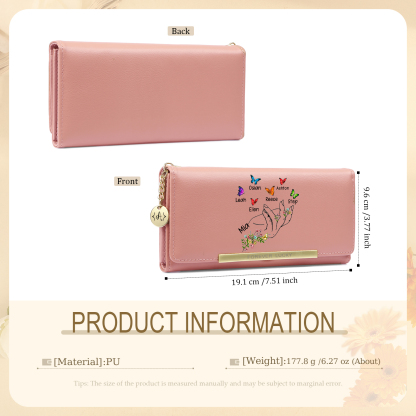 Personalised women’s wallet with floral and butterfly motif, designed with 2 to 8 first names
