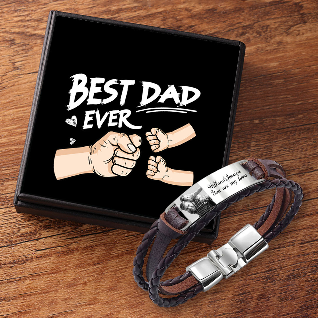 Personalised Braided Leather Bracelet Custom 1 Photo & 2 Texts Fathers Day Gift for Him