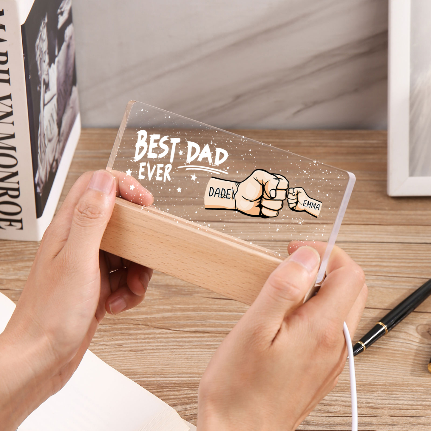 Best Dad Ever - Personalised 2 Names Acrylic Night Light Custom Fist Bump LED Lamp Fathers Day Gifts-Jessemade AU