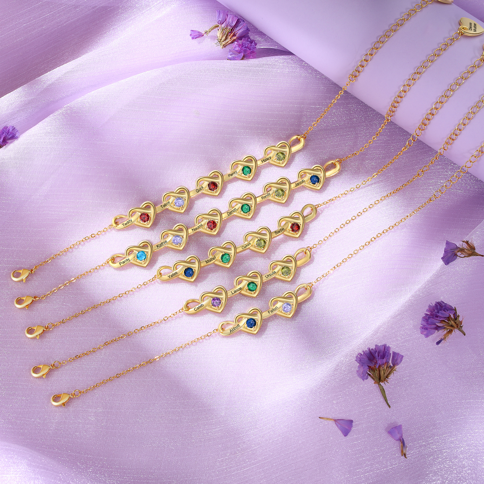 3 Colours Available Personalised Linked Heart Bracelet with 3 Custom Names Birthstones & Text Perfect Birthday Gift for Her