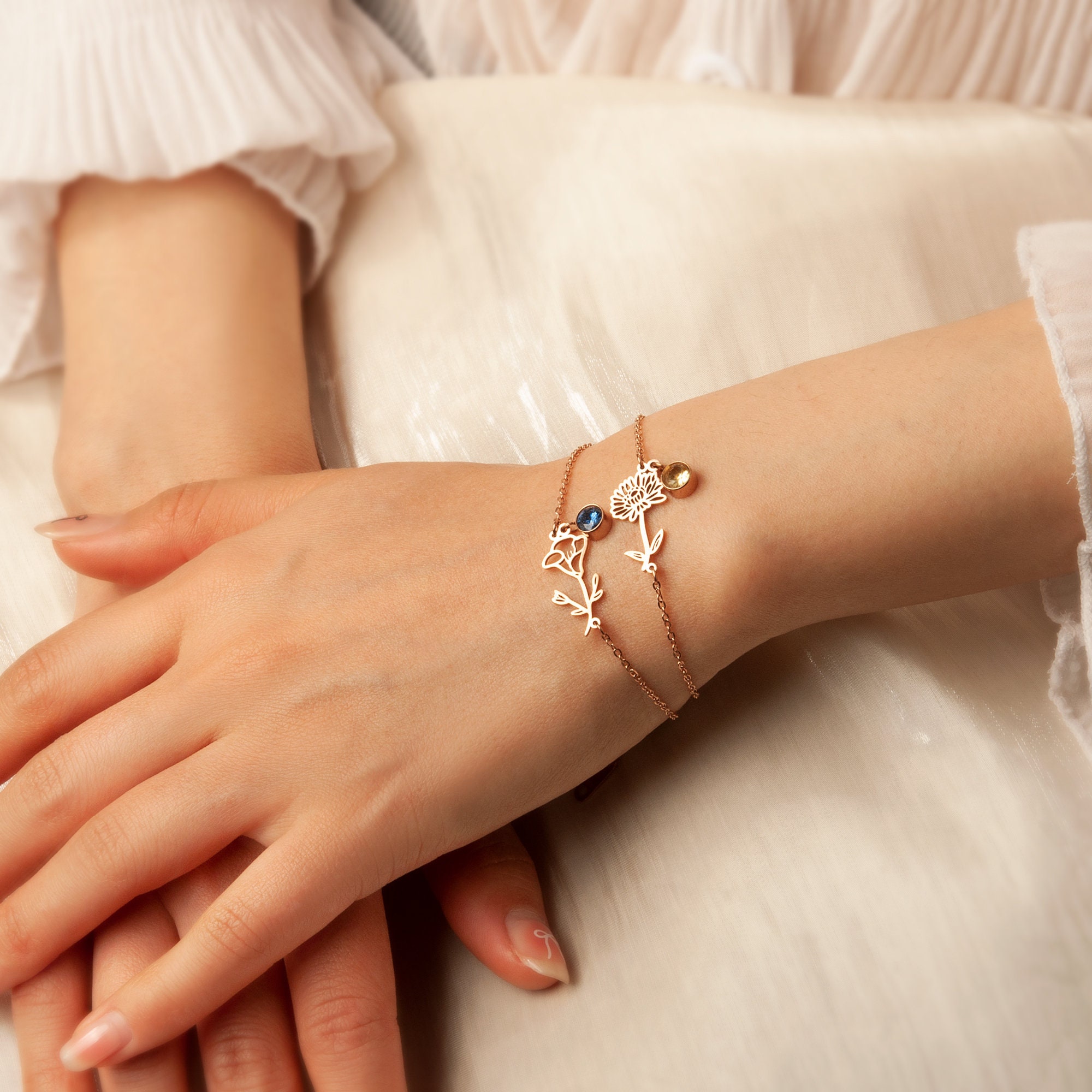 Personalised Birthflower Bracelet With 1 Birthstone Gift For Women-Jessemade AU