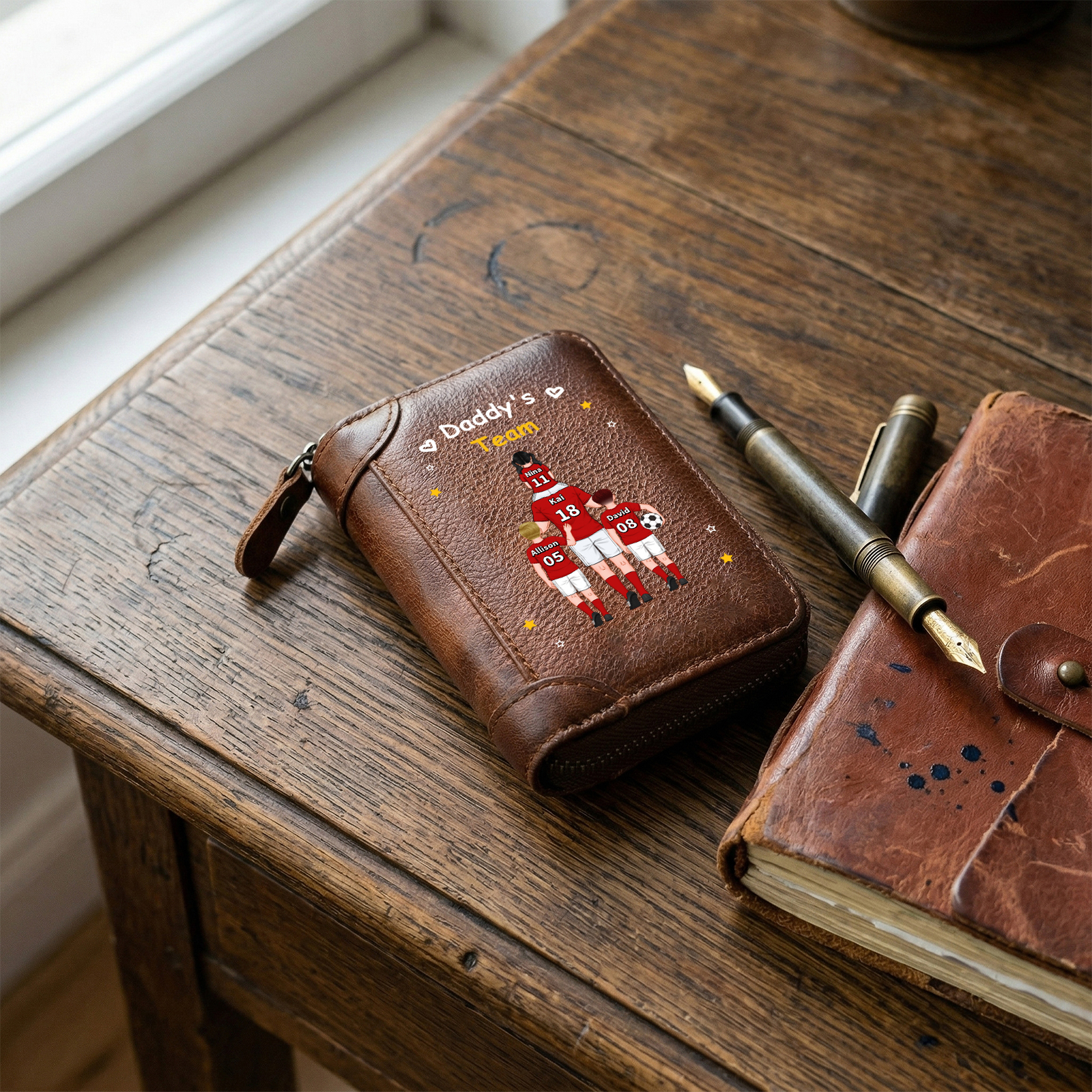 Personalised Genuine Leather Zip Card Holder Wallet with 2–6 Names for Dad