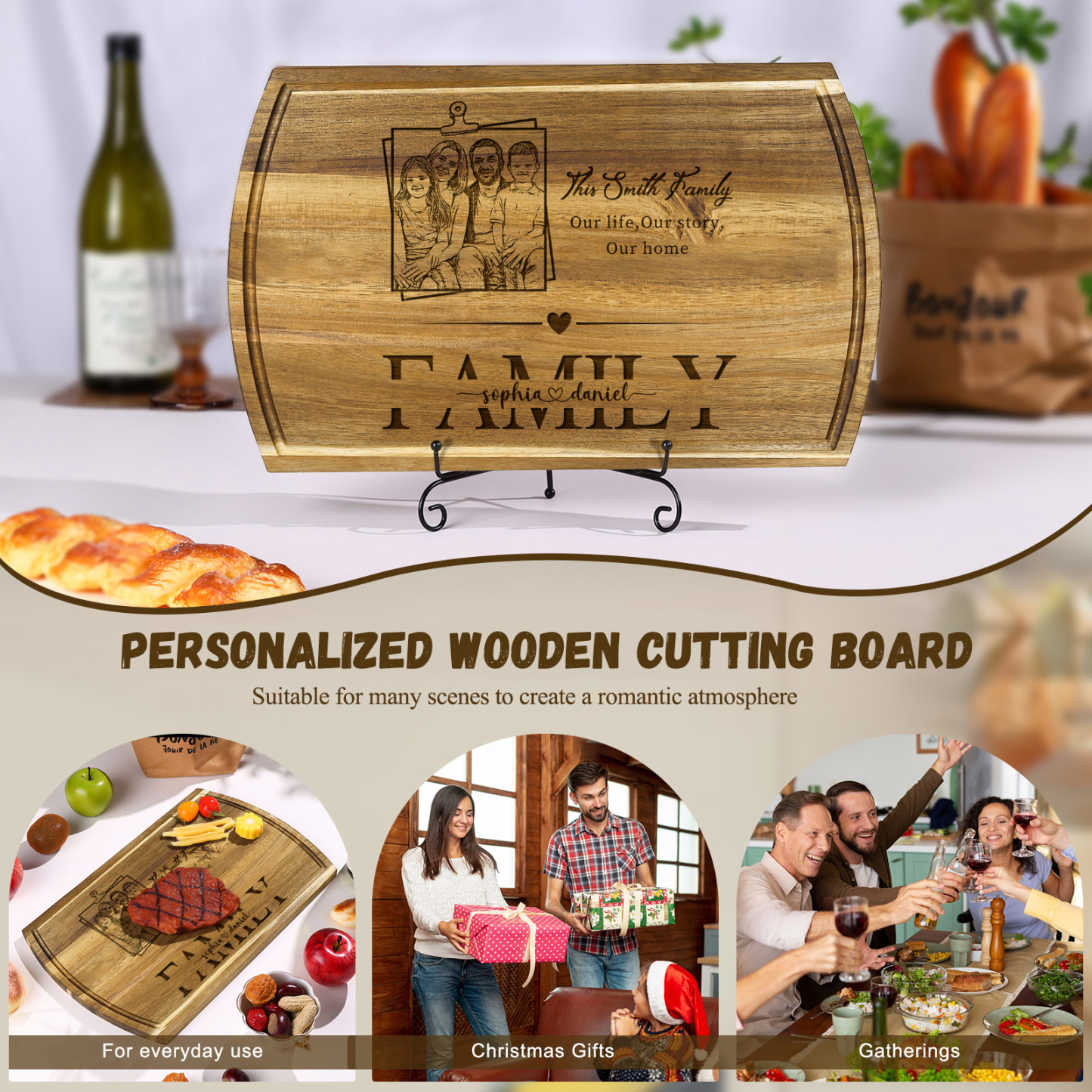Personalised Family Cutting Board Custom 1 Photo & 2 Texts & 2 Names Cutting Board Creative Gifts-Jessemade AU