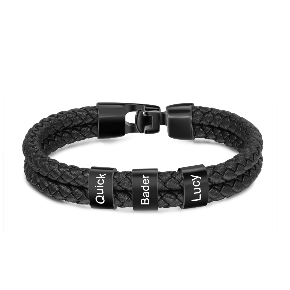 3 Names -Personalised Braided Leather Bracelet Engraved Men's Bracelet for Him