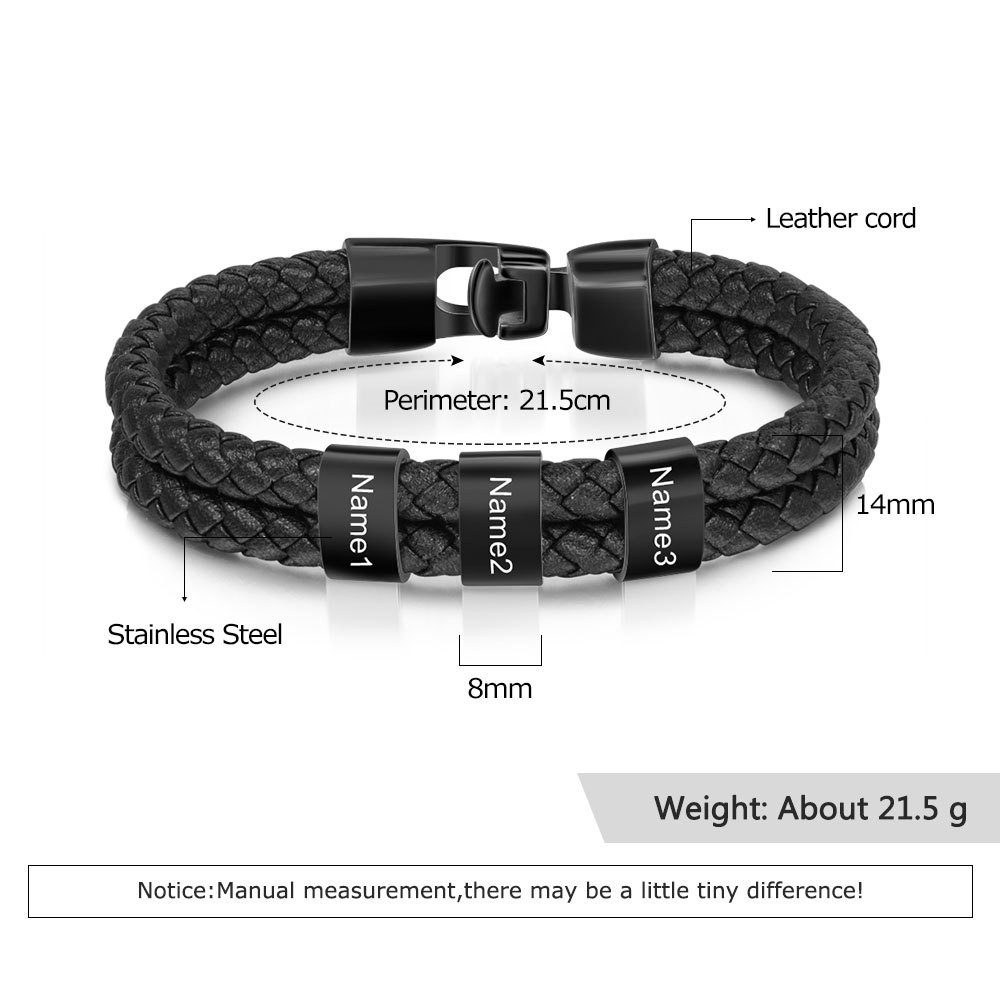 Personalised Braided Leather Bracelet Engraved 3 Names Men's Bracelet for Him-Jessemade AU