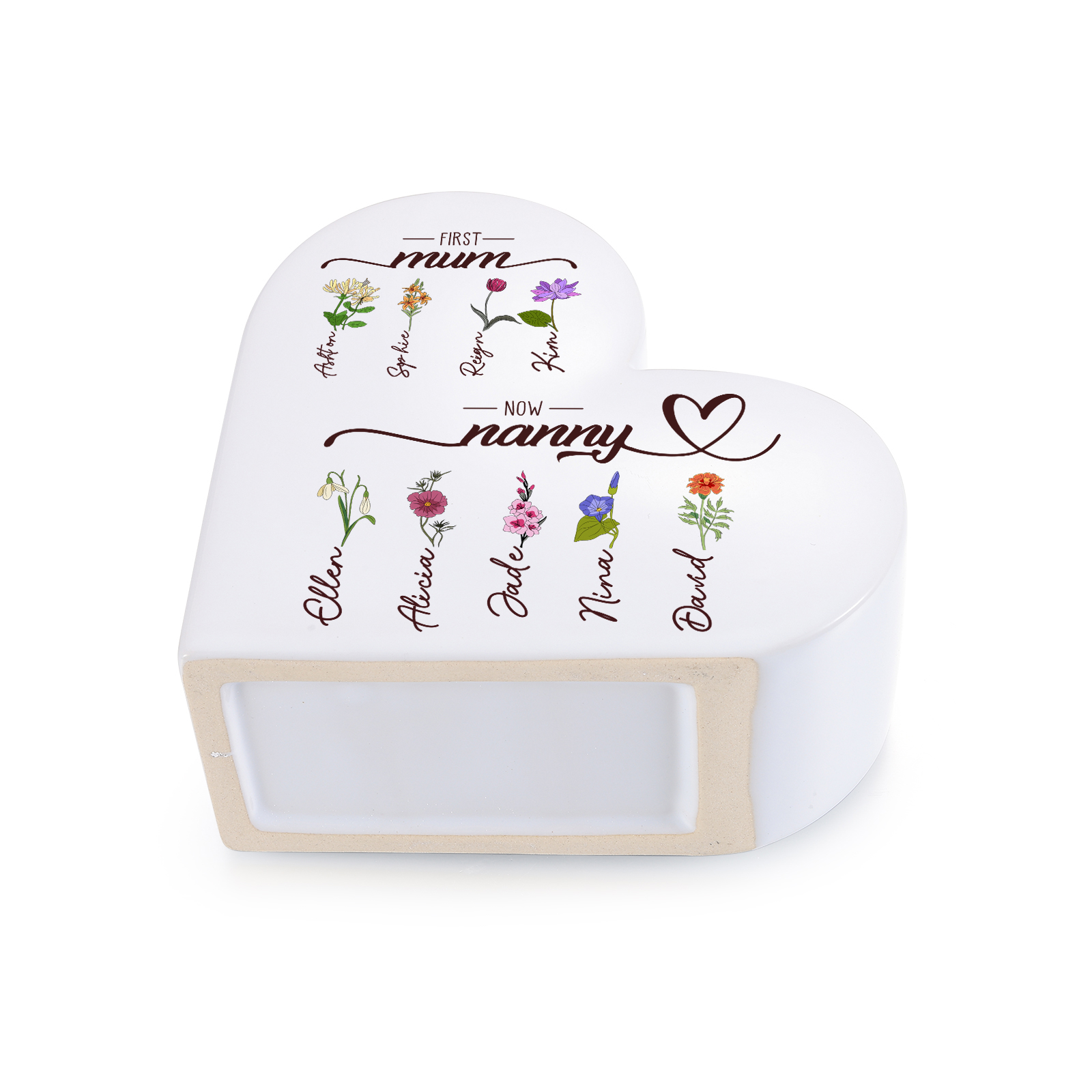 Personalised heart-shaped Ceramic Vase “First Mum, now Grandma”, personalised with 2–10 Birth flowers and Names