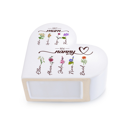 Personalised heart-shaped Ceramic Vase “First Mum, now Grandma”, personalised with 2–10 Birth flowers and Names