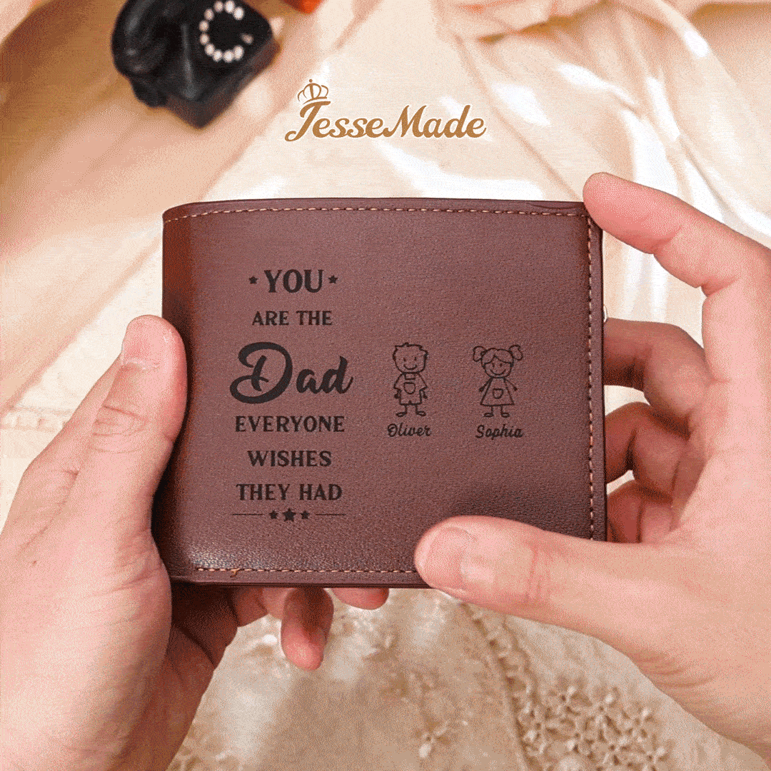 Personalised Men's PU Leather Wallet – Kids Doodle, 1–6 Names & Photo Engraving