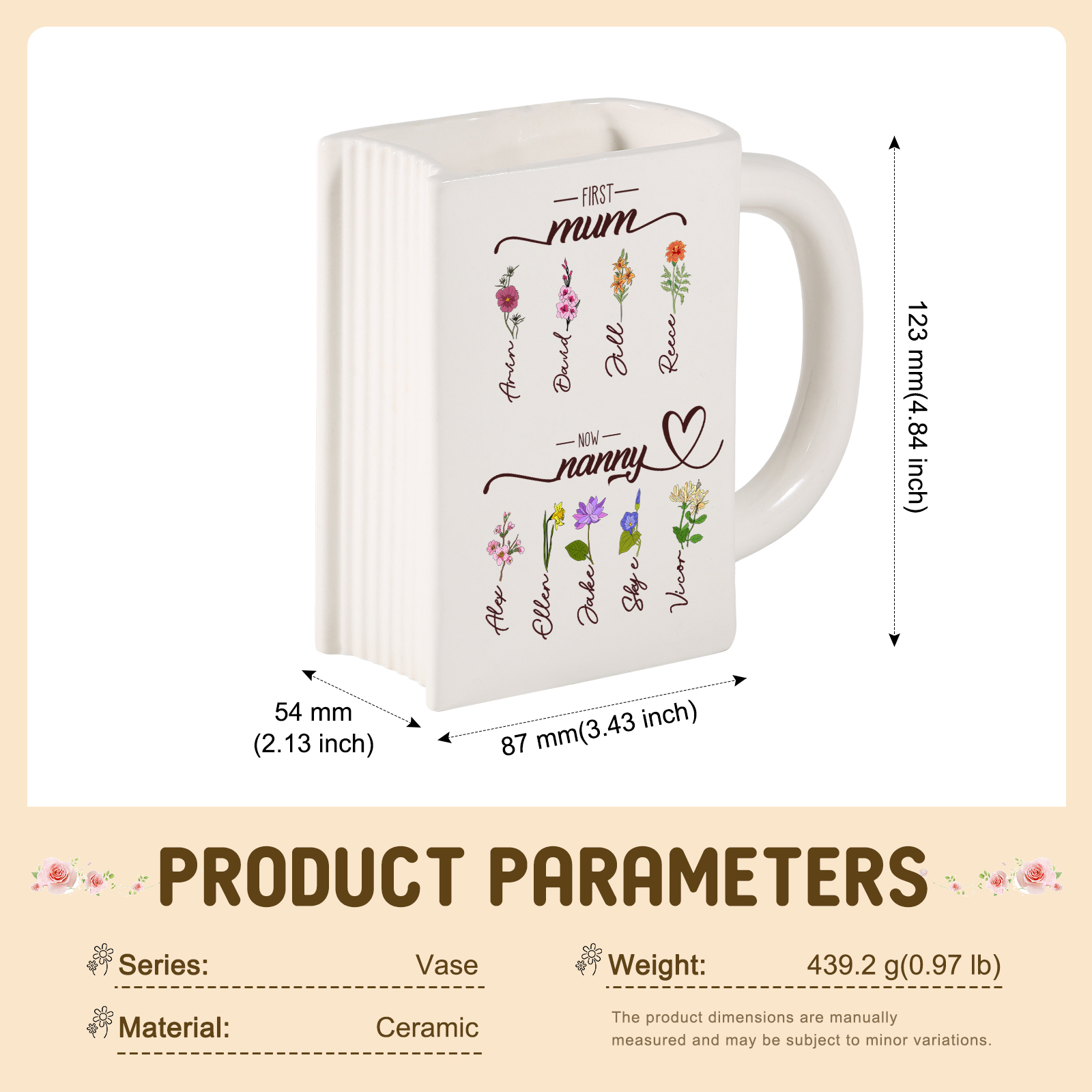 Personalised Book-Shaped Vase with 2 to 10 Names and Birth Flowers for Mum or Nanny
