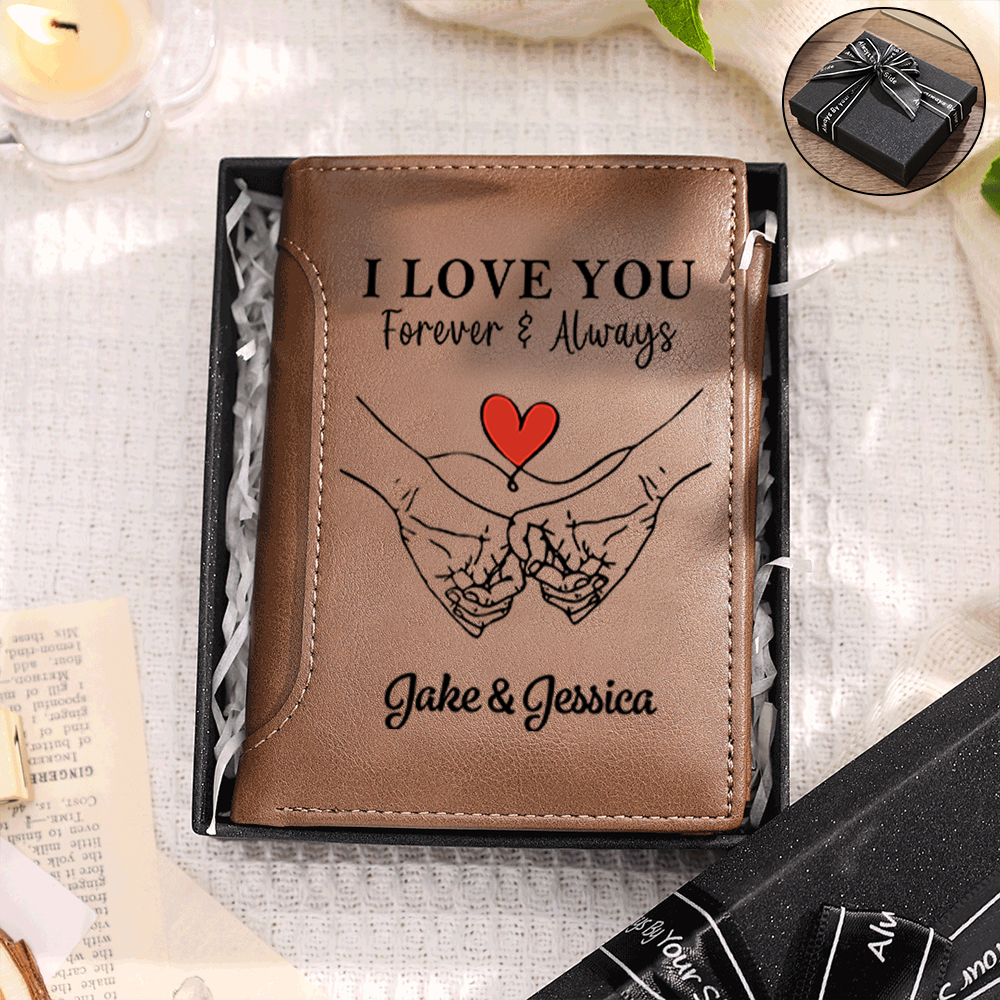 Personalised PU Leather Wallet with Names and the Message “I Love You Forever and Always” for Men