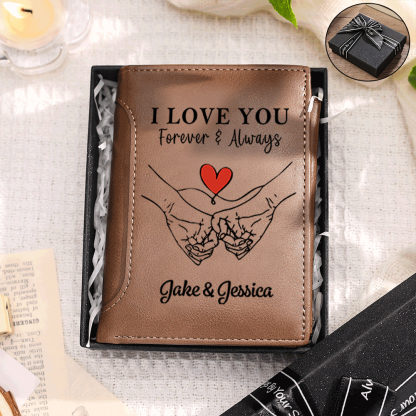 Personalised PU Leather Wallet with Names and the Message “I Love You Forever and Always” for Men