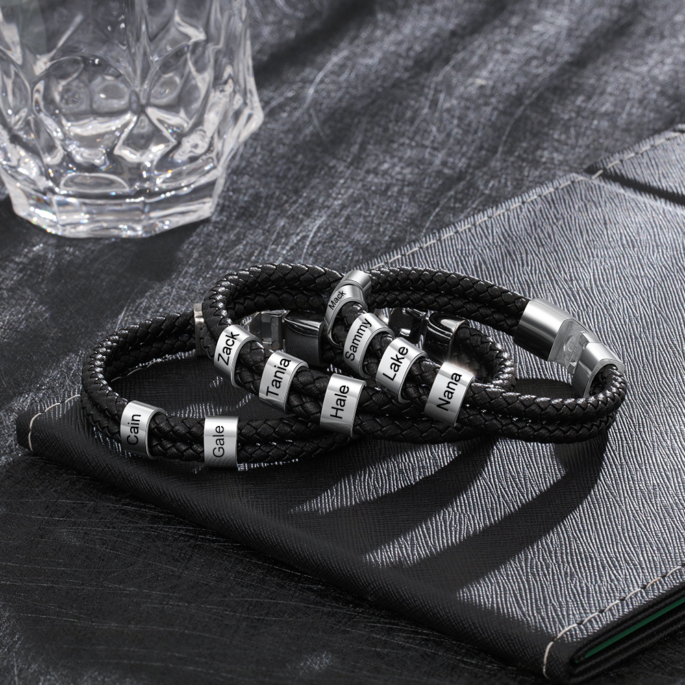 5 Names-Personalised Braided Leather Bracelet Engraved Men's Bracelet for Him