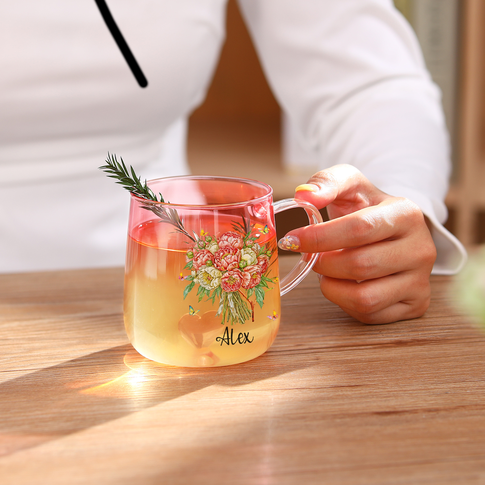 Personalised Name Birth Flower Ombre Pink Glass Mug