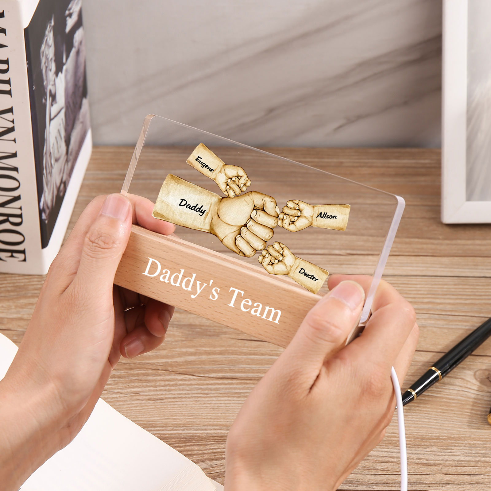 4 Names -  Personalised Name & Text Acrylic Night Light Custom Fist Bump LED Lamp Fathers Day Gifts-Jessemade AU