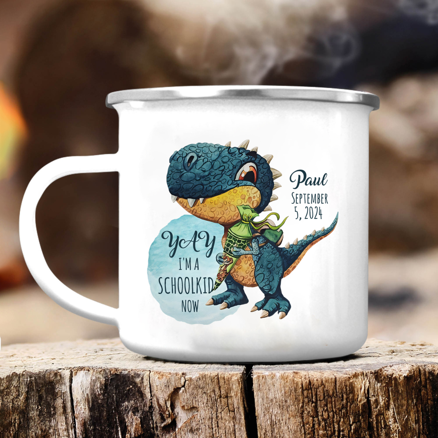 Personalised Enamel Mug Custom Name & Date Dinosaur Cup Back to School Gift for Boys - Yay, I'm A Schoolkid Now-Jessemade AU