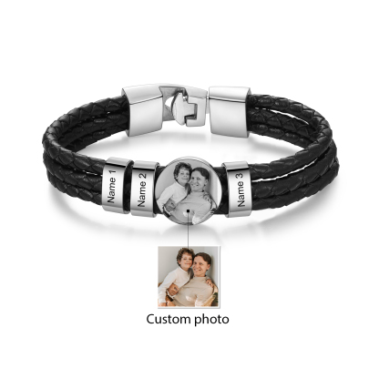 Personalised Men's Leather Bracelet Custom 3 Names & 1 Photo Braided Bracelet Father's Day Gifts for Him-Jessemade AU
