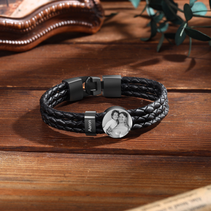 Personalised Men's Leather Bracelet Custom 1 Name & 1 Photo Braided Bracelet Father's Day Gifts for Him-Jessemade AU