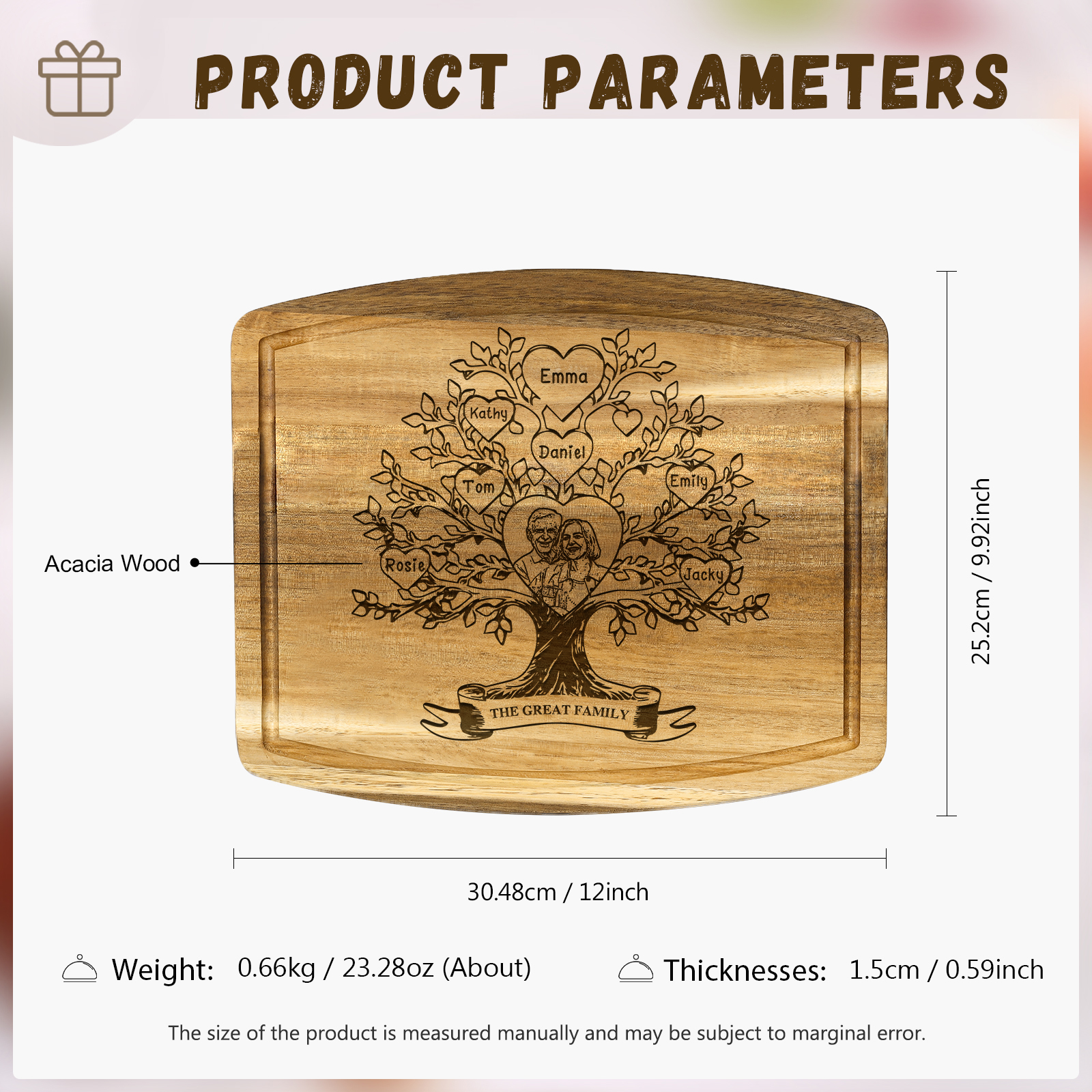 Family Tree Cutting Board with Stand Personalised 1 Photo & 1 Text Engraved 2-7 Names Wooden Gifts for Family Friends | Jessemade-Jessemade AU