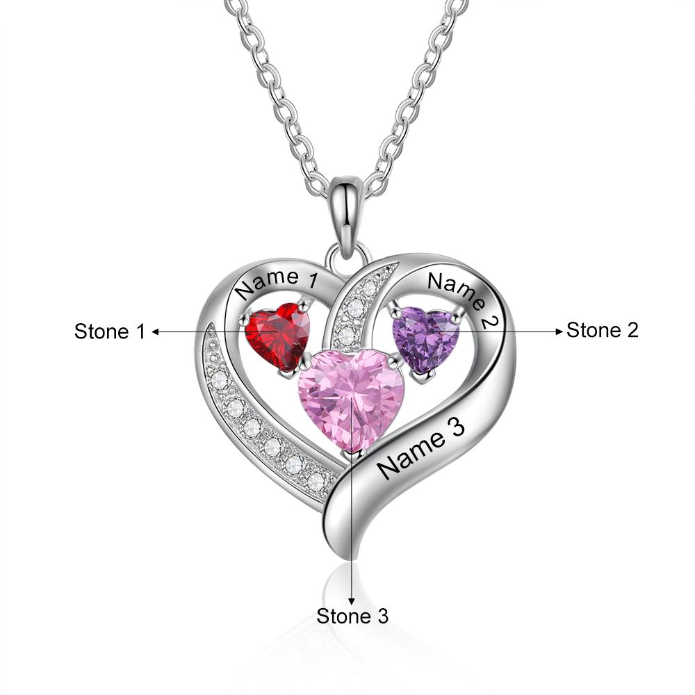 Heart Necklace Custom 3 Names 3 Birthstones Birthday Gifts for Her-Jessemade AU
