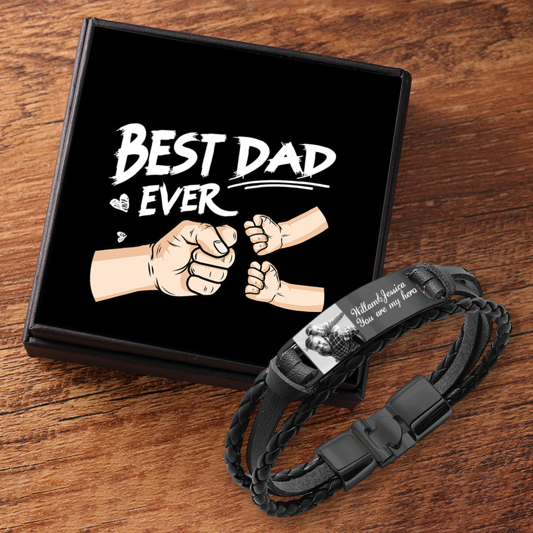 Personalised Braided Leather Bracelet Custom 1 Photo & 2 Texts Fathers Day Gift for Dad-Jessemade AU