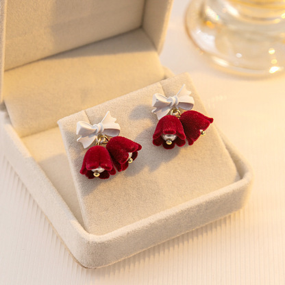 Christmas Bow Bell Drop Earrings Festive Velvet Red Charm-Jessemade AU