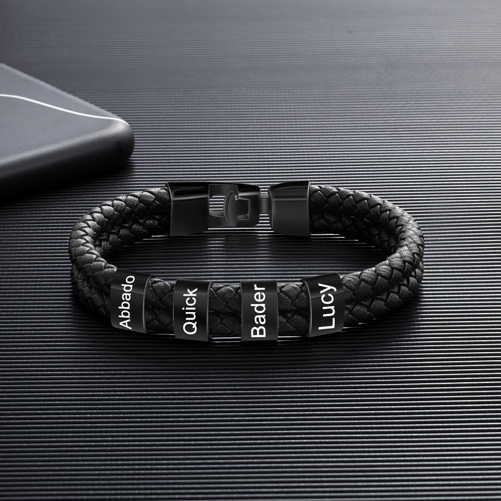 4 Names Personalised Braided Leather Bracelet Engraved Men's Bracelet for Him