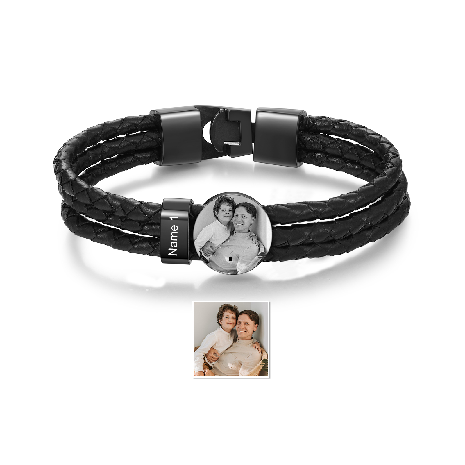 Personalised Men's Leather Bracelet Custom 1 Name & 1 Photo Braided Bracelet Father's Day Gifts for Him-Jessemade AU