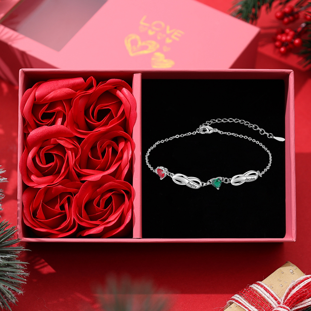 Personalised Infinity Bracelet With 2 Birthstones Engraved Names Bracelet Gift For Women-Jessemade AU