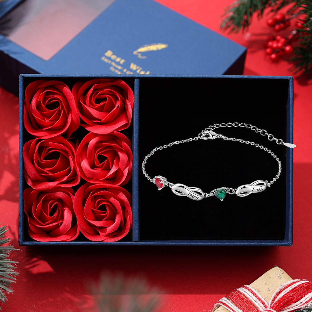 Personalised Infinity Bracelet With 2 Birthstones Engraved Names Bracelet Gift For Women