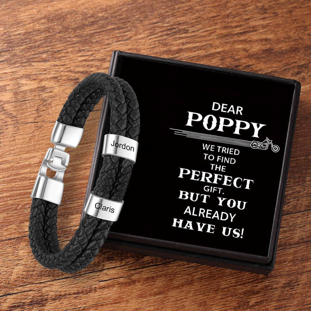 Personalised Braided Leather Bracelet Engraved 2 Names Men's Bracelet Gifts for Poppy