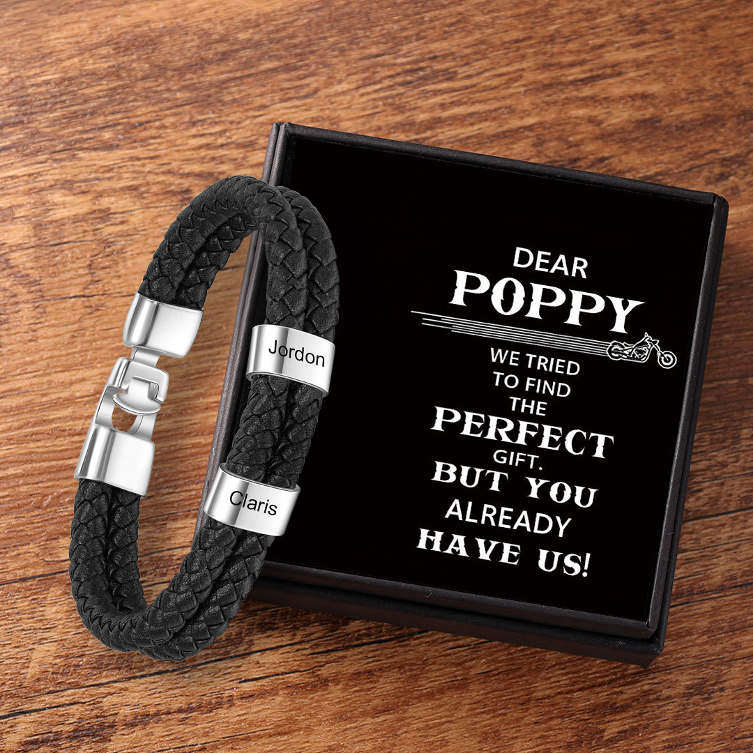 Personalised Braided Leather Bracelet Engraved 2 Names Men's Bracelet Gifts for Poppy-Jessemade AU