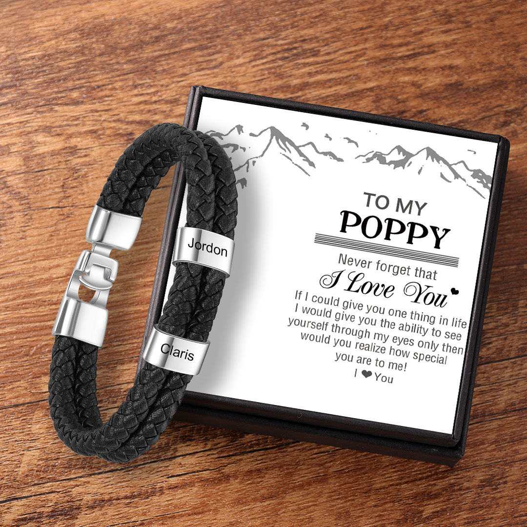Personalised Braided Leather Bracelet Engraved 2 Names Men's Bracelet Gifts for Poppy