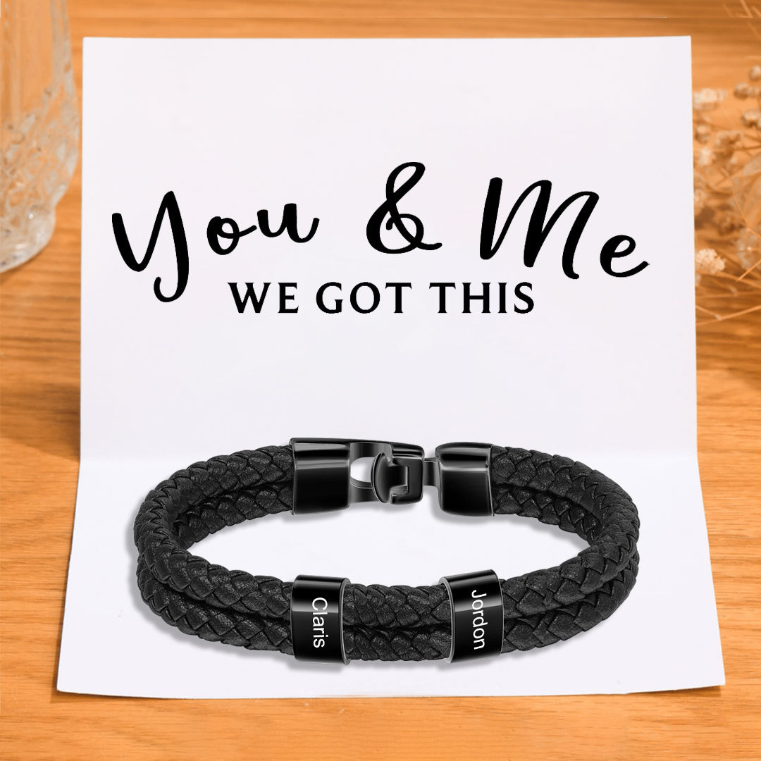 Men Leather Bracelet with Beads Engraved 2 Names Two Layers Bracelet Gifts For Him Valentine Gift