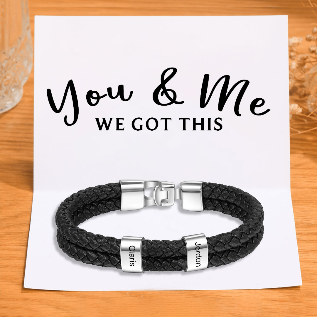 Men Leather Bracelet with Beads Engraved 2 Names Two Layers Bracelet Gifts For Him Valentine Gift