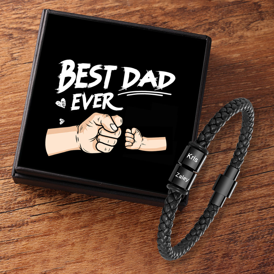 2 Names - Personalised Men's Leather Bracelet Custom Beaded Bracelets Fathers Day Gifts for Him